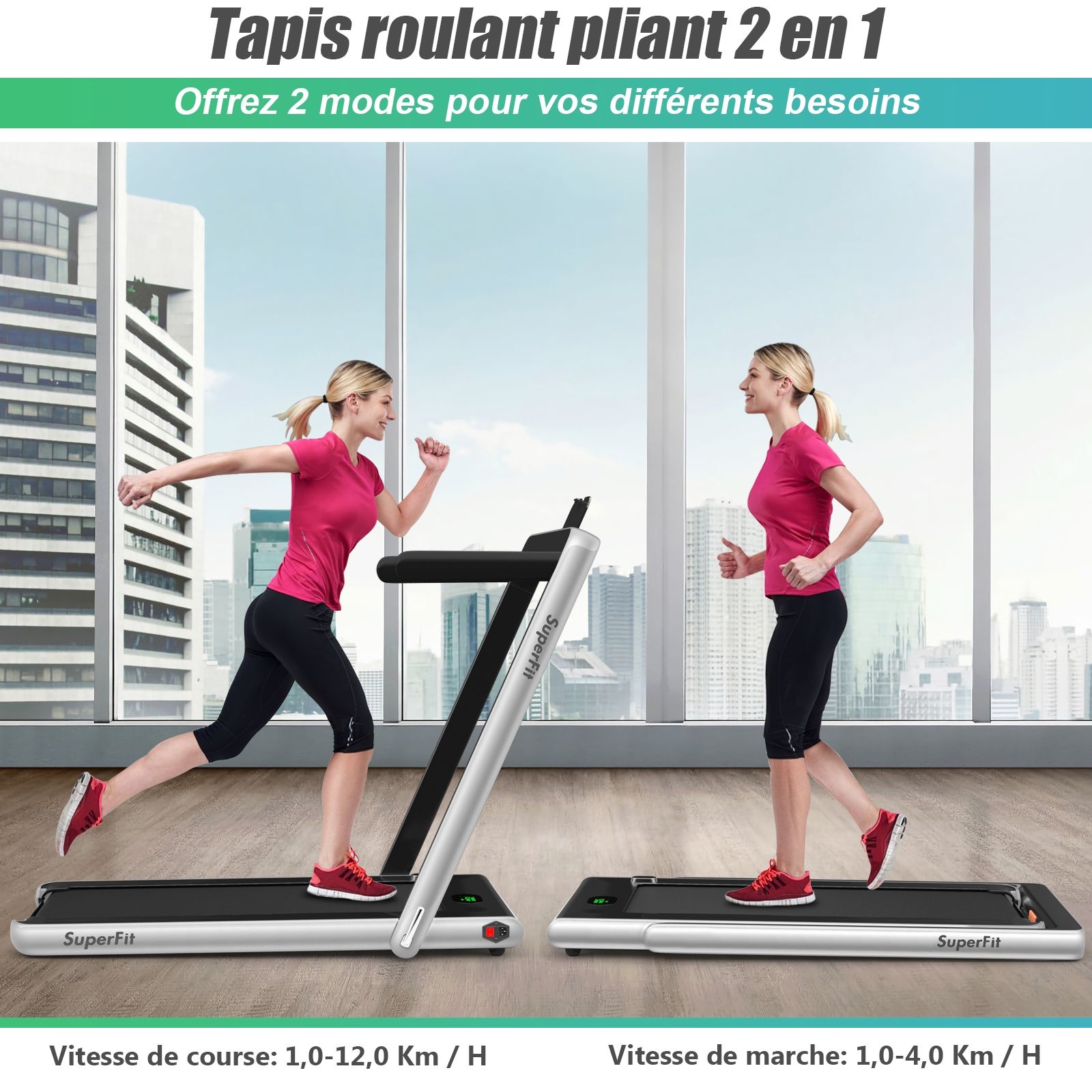 2 en 1 Tapis de Course Electrique Pliable 1 12 Km/H avec Haut-parleur Bluetooth Tlcommande Moteur 0,75HP Vert/Blanc/Noir/Rouge/Or/Noir et Argent/Bleu -