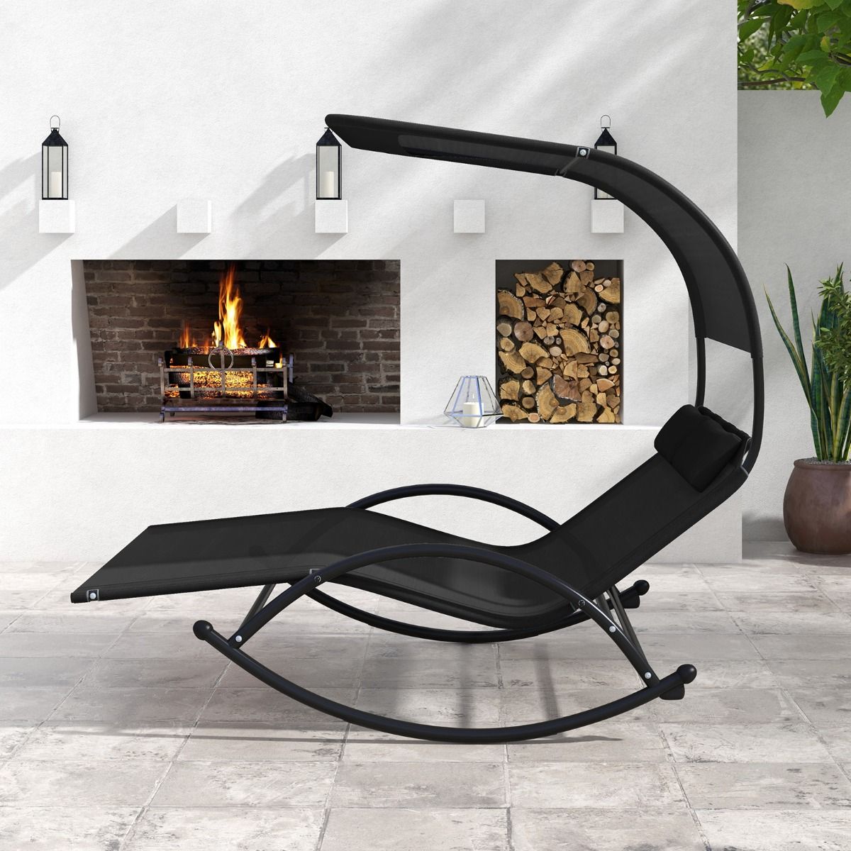 Chaise Longue Double Chaise Bascule pour 2 Personnes 2 Appui-T锚tes Amovibles Cadre en Mtal Robuste Lit de Repos Ergonomique 2 Places Gris/Noir/Beige -
