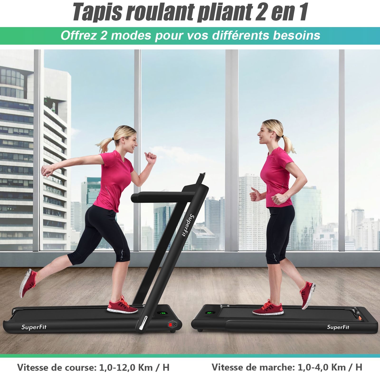 2 en 1 Tapis de Course Electrique Pliable 1 12 Km/H avec Haut-parleur Bluetooth Tlcommande Moteur 0,75HP Vert/Blanc/Noir/Rouge/Or/Noir et Argent/Bleu -