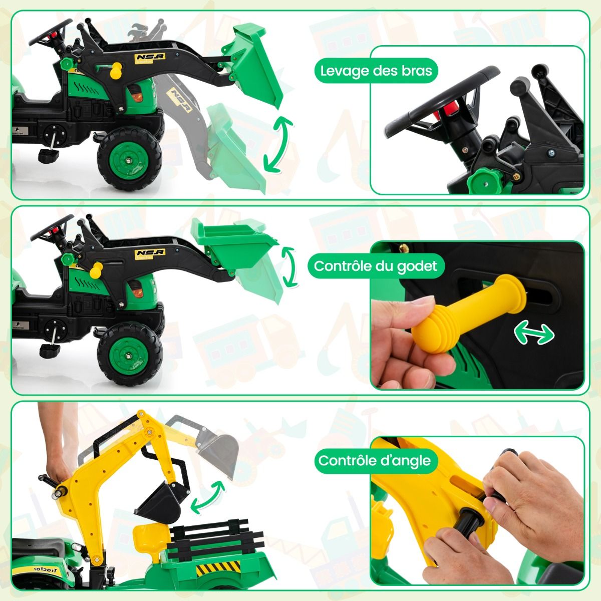 3 en 1 Tracteur pour Enfant avec 6 Roues Jouet Pelle Remorque Amovible avec Volant Klaxon 3 6 Ans Jaune/Vert -
