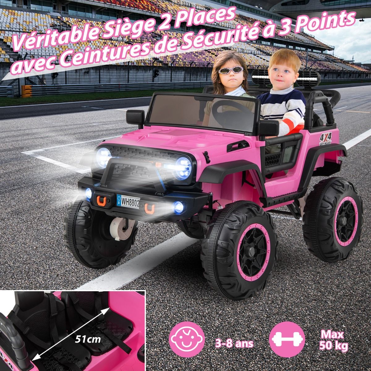 Voiture lectrique 24v pour Enfants 2 Places Tlcommande Musique Histoire Klaxon Usb Fonction de Dmarrage Lent Suspensions Ressort Blanc/Noir/Rose/Violet -
