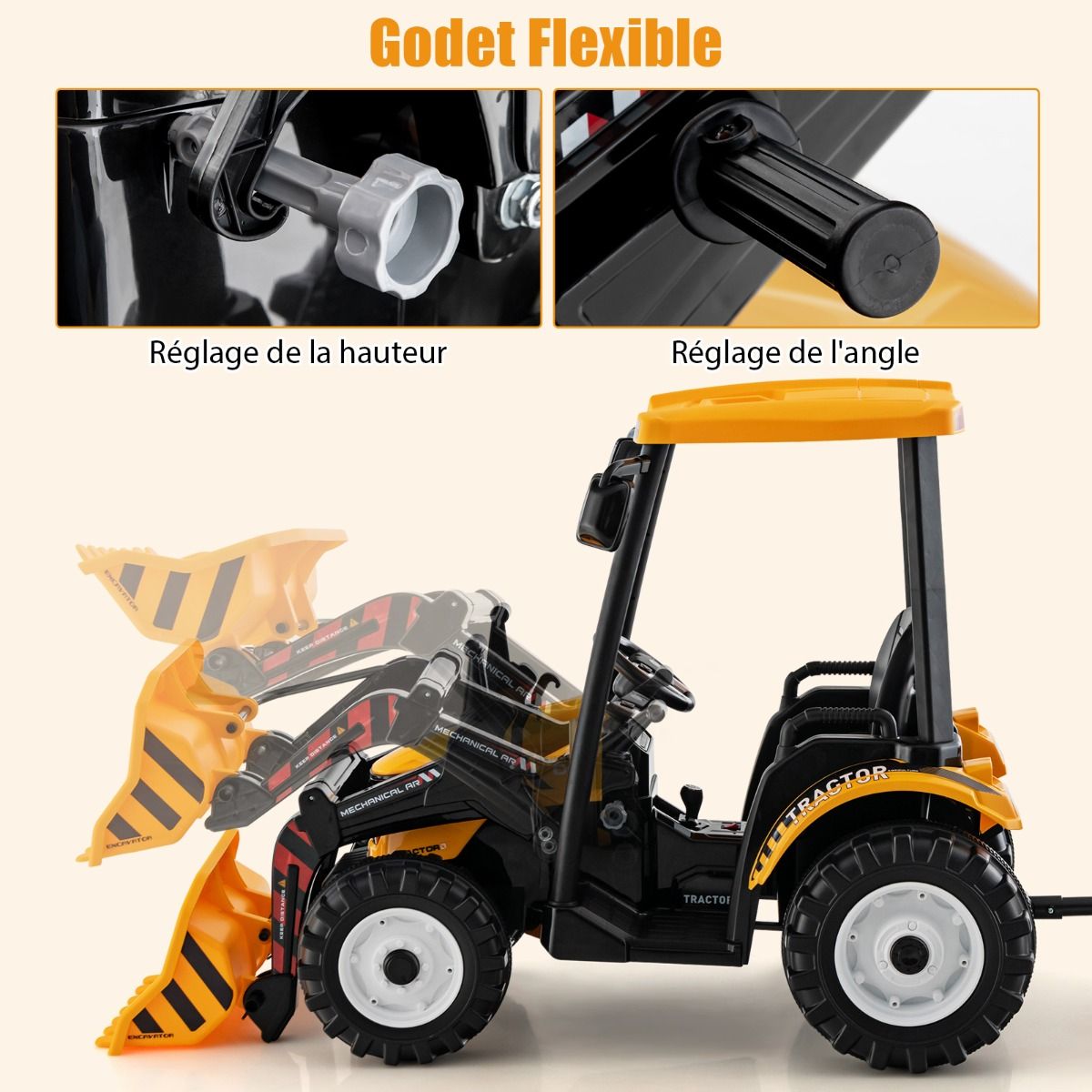 12V Tracteur lectrique Enfants avec Pelle&Remorque Amovible Vhicule lectrique 6 Roues avec Tlcommande & Musique 3-6 km/h pour 3-8 Ans Jaune/Vert -
