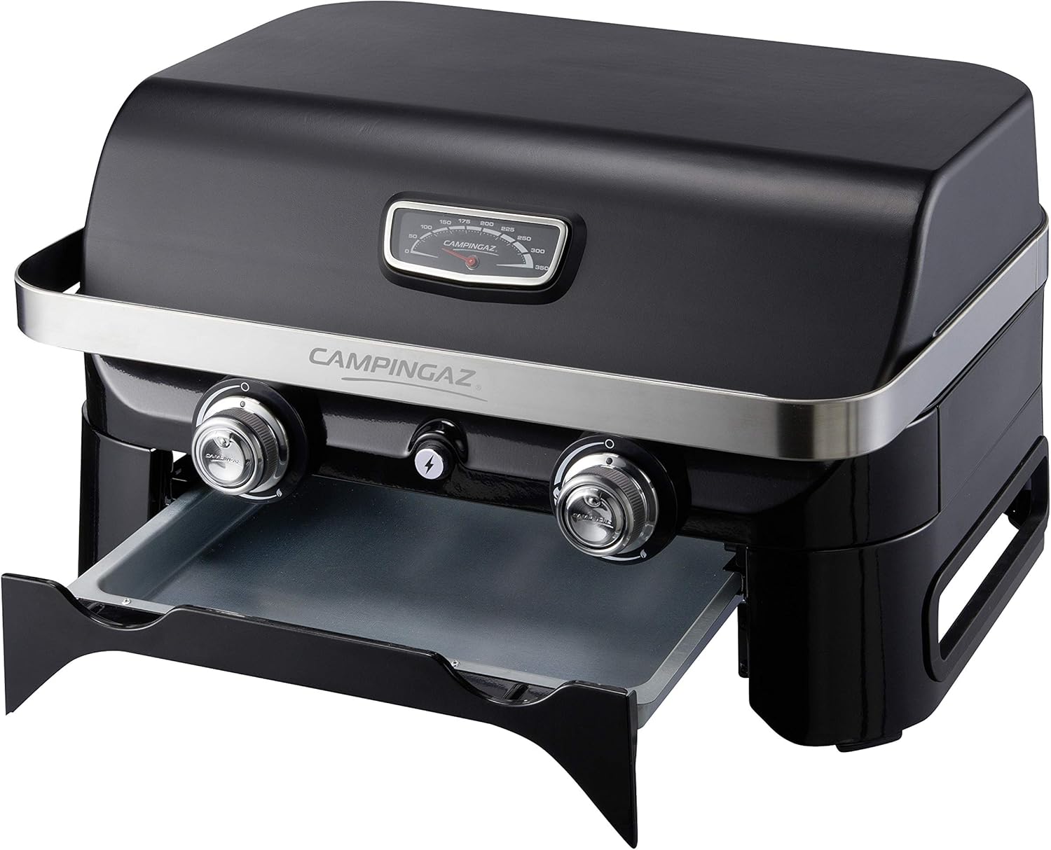 Attitude2go,Barbecue de Table Faible fume,BBQ Portable, Couvercle,thermomtre,et Grille en Fonte,Alimentation : Cartouche de gaz CV 470 Plus,Gris