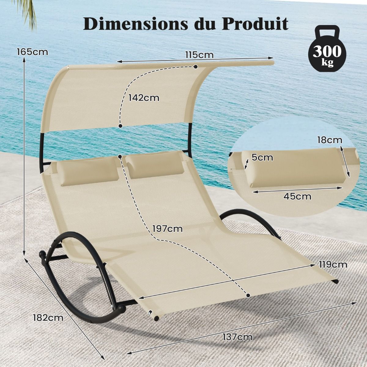 Chaise Longue Double Chaise Bascule pour 2 Personnes 2 Appui-T锚tes Amovibles Cadre en Mtal Robuste Lit de Repos Ergonomique 2 Places Gris/Noir/Beige -