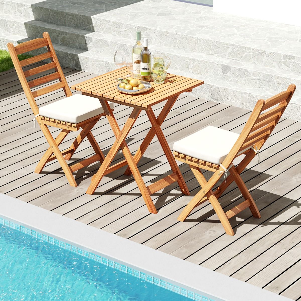 Ensemble Bistrot d'Extrieur en Bois d'Acacia Ensemble de Chaises Pliantes et Table Coussins de Sige Sans Accoudoirs Dossier Haut Blanc -