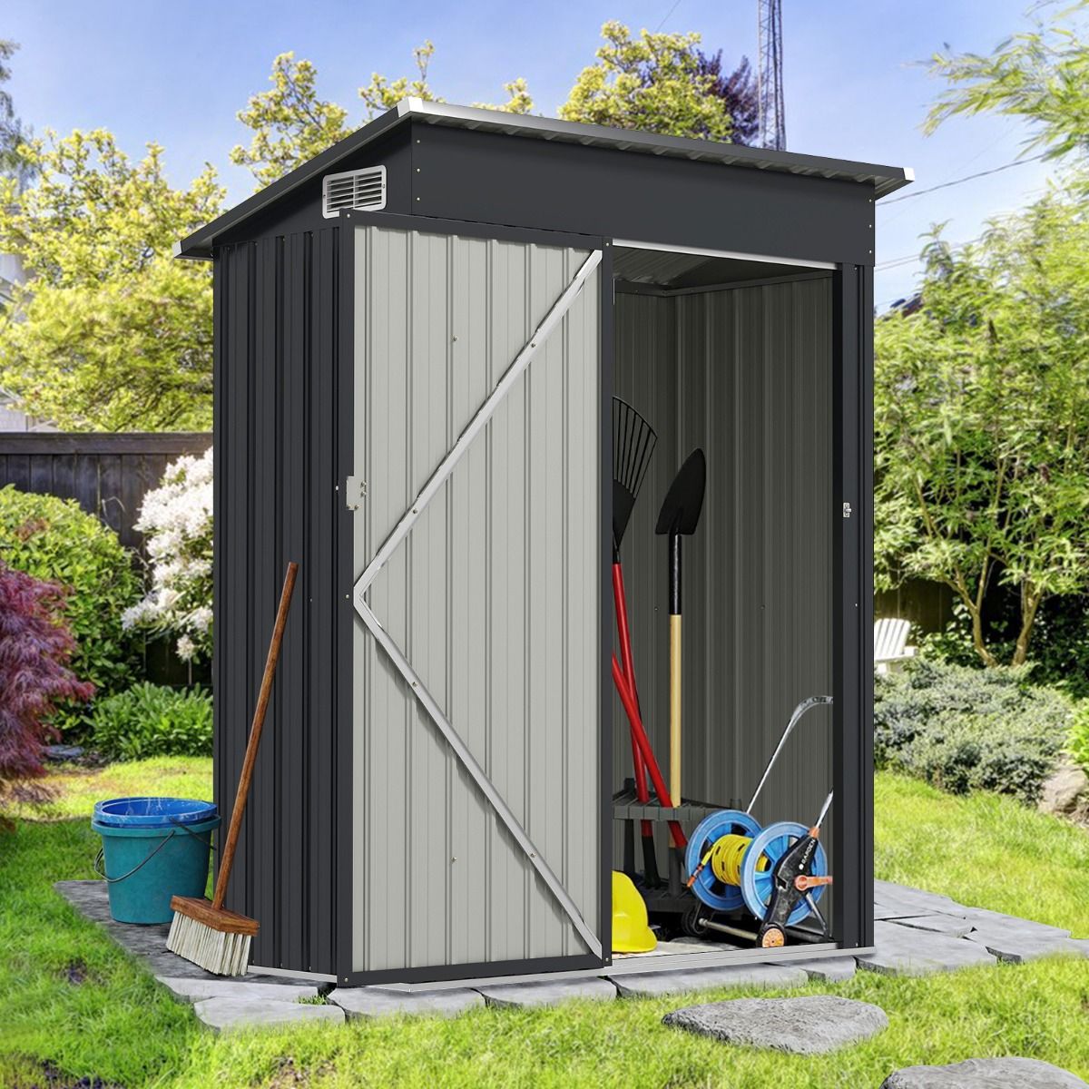 Abri de Rangement Toutes Saisons Abri Outils Utilitaire avec Toit en Pente Porte Ouvrante Arations Cadre en Mtal Galvanis Gris -