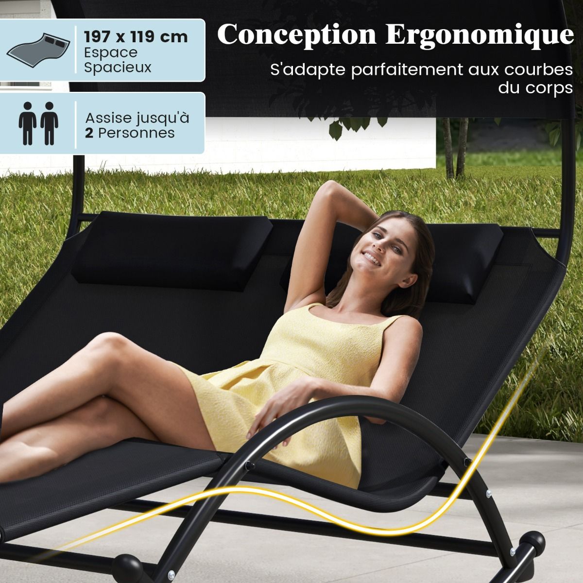 Chaise Longue Double Chaise Bascule pour 2 Personnes 2 Appui-T锚tes Amovibles Cadre en Mtal Robuste Lit de Repos Ergonomique 2 Places Gris/Noir/Beige -