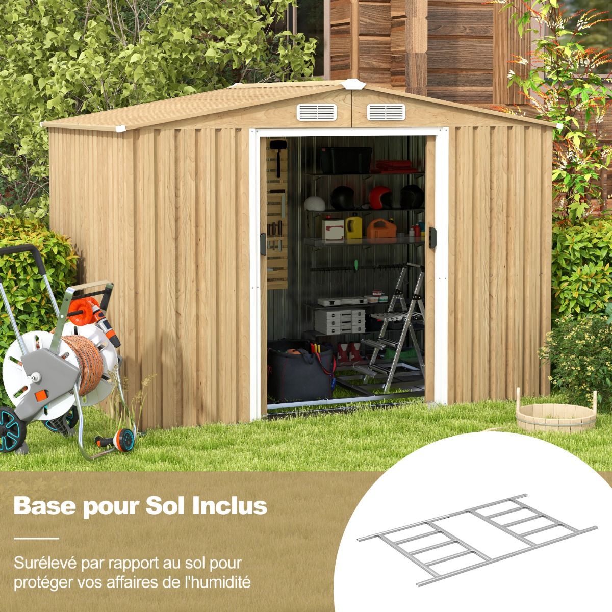 Abri de Rangement 259cm x196cm avec Base de Fondation Maison Outils en Mtal Galvanis avec 4 Arations Impermable et Coupe-vent Naturel -