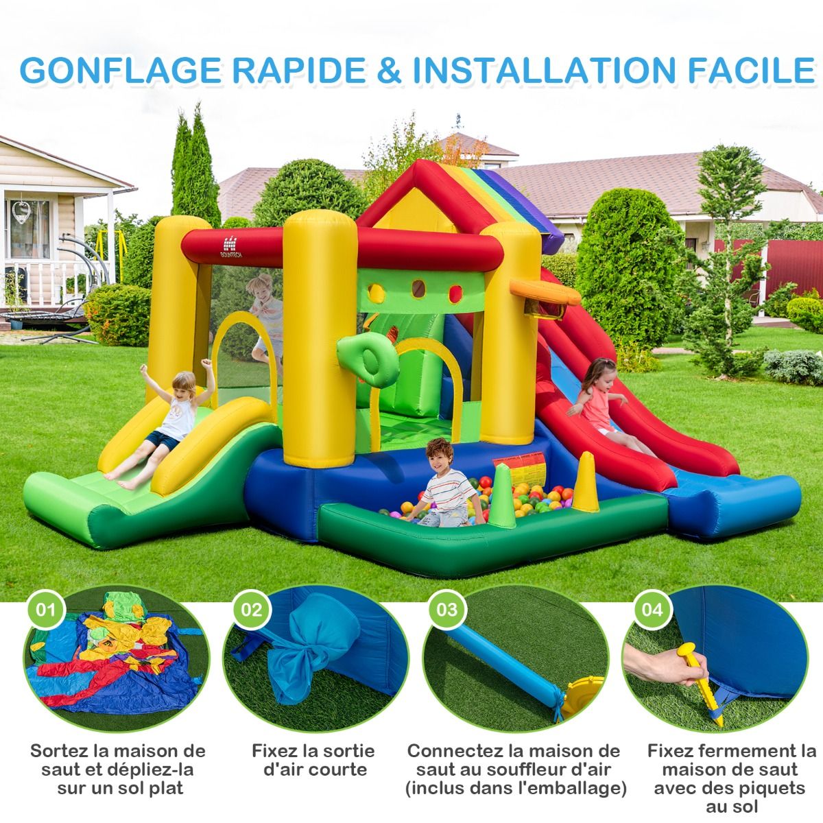Ch芒teau Gonflable Thme Arc-en-ciel 7 en 1 avec Ventilateur Double Toboggans Piscine Balles Panier de Basket Charge 90kg -