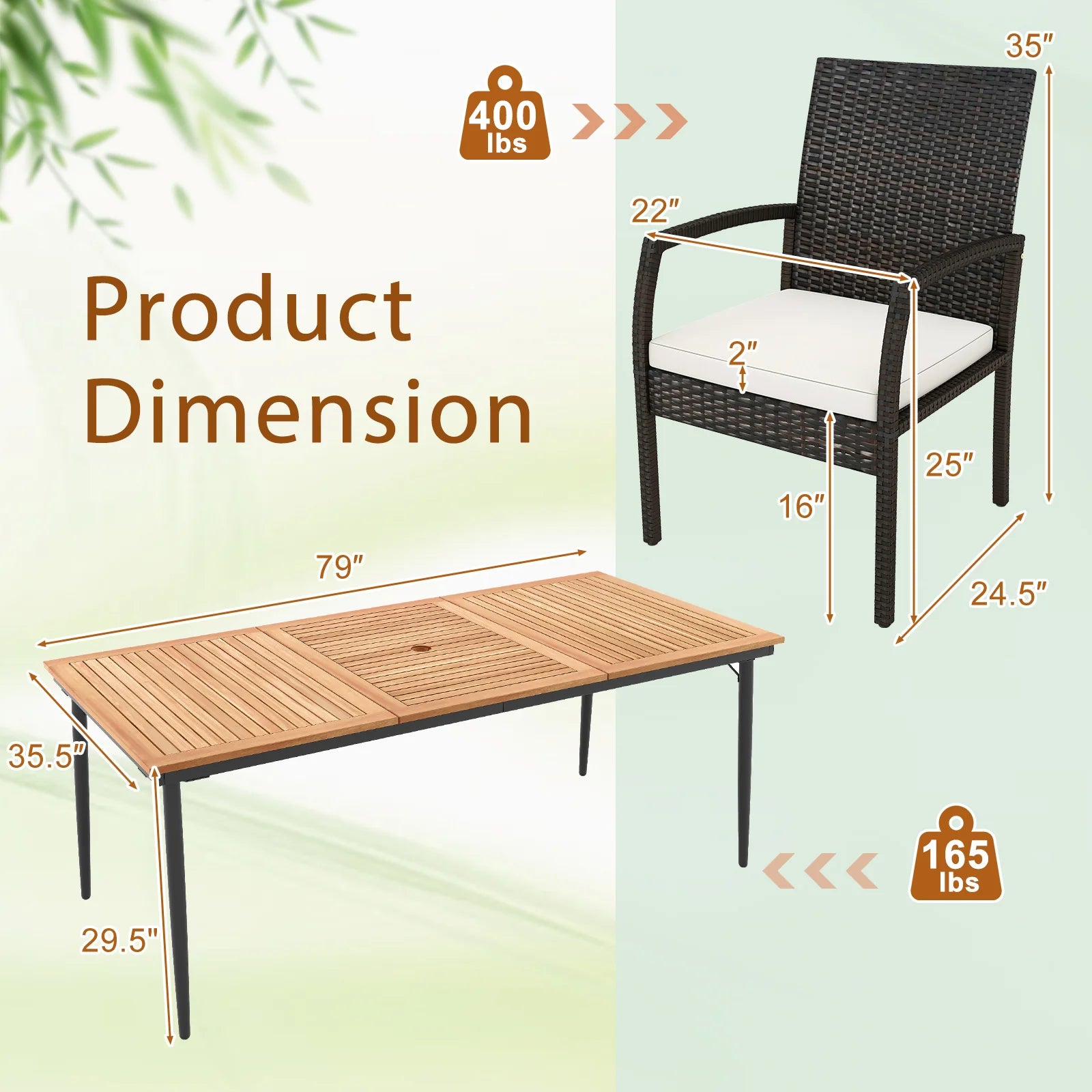 Tangkula 9-Piece Patio Dining Set, 79" Outdoor Acacia Wood Dining Table with 1.9" Umbrella Hole & 8 Rattan-Woven Dining Chairs with Seat Cushions