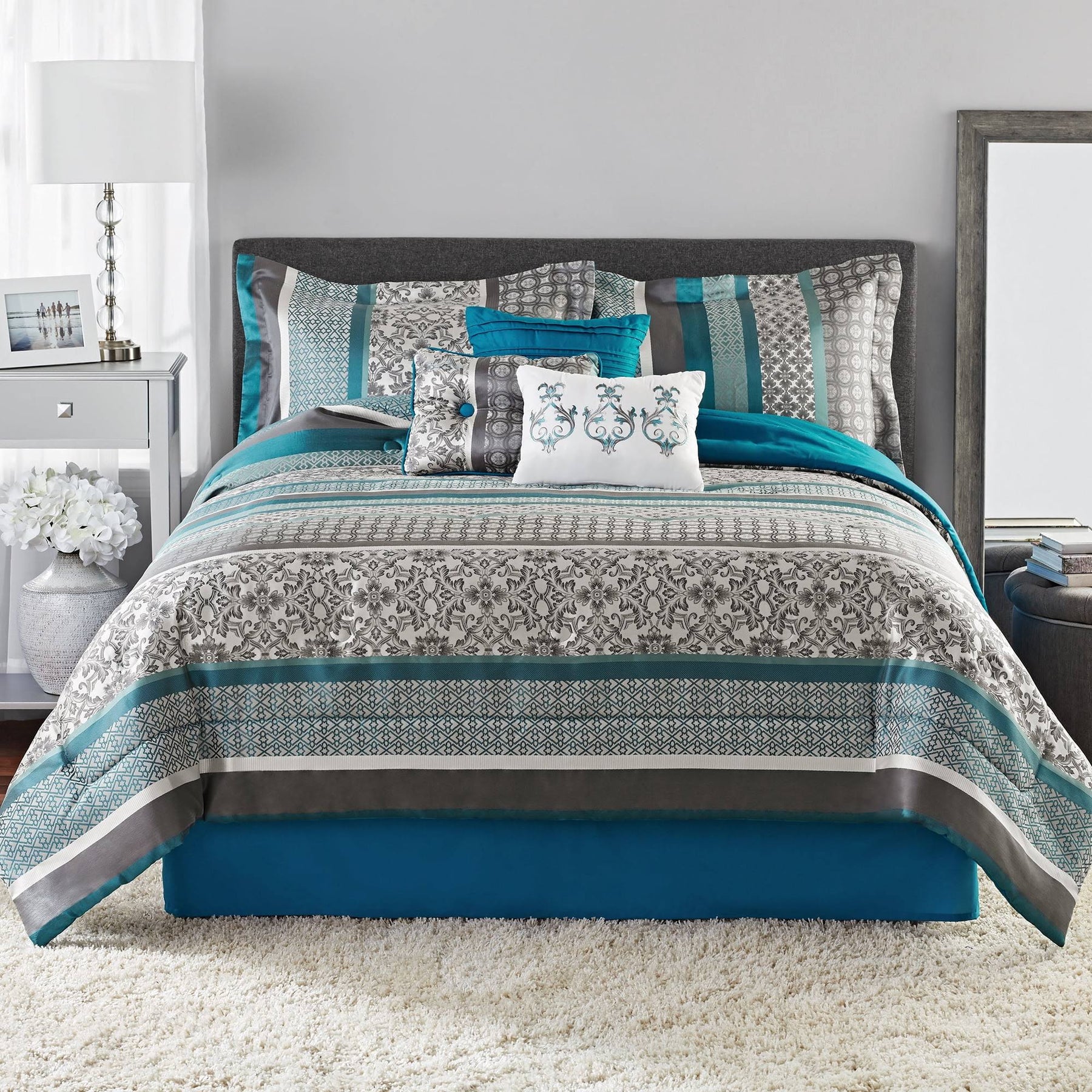 Mainstays Princeton Teal Stripe 7 Piece Comforter Bedding Set Size: Full/Queen