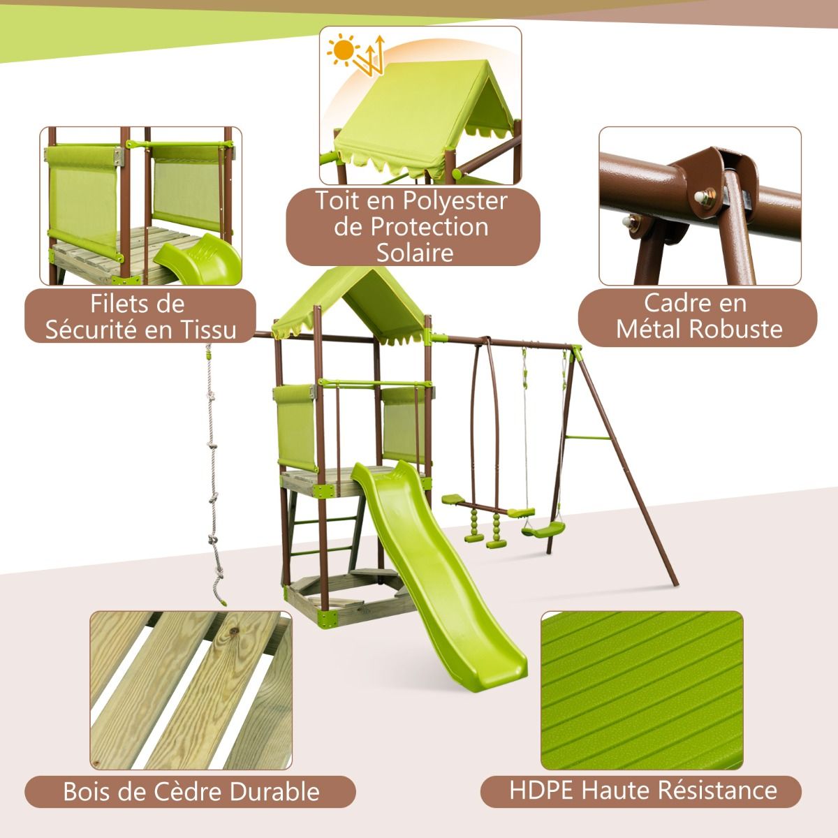 Balanoire 7-en-1 Aire de Jeu en Mtal avec Fort Couvert Rglable en Hauteur Corde d'Escalade Bac Sable Glisseur Toboggan Ondul Vert -