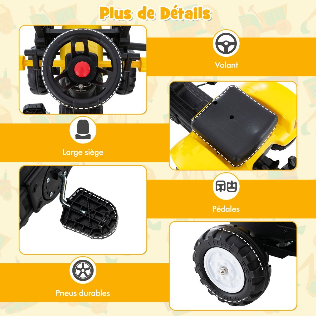 3 en 1 Tracteur pour Enfant avec 6 Roues Jouet Pelle Remorque Amovible avec Volant Klaxon 3 6 Ans Jaune/Vert -