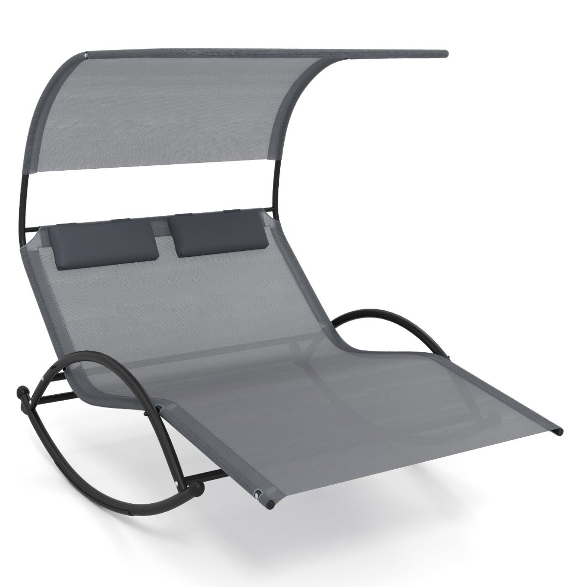 Chaise Longue Double Chaise Bascule pour 2 Personnes 2 Appui-T锚tes Amovibles Cadre en Mtal Robuste Lit de Repos Ergonomique 2 Places Gris/Noir/Beige -