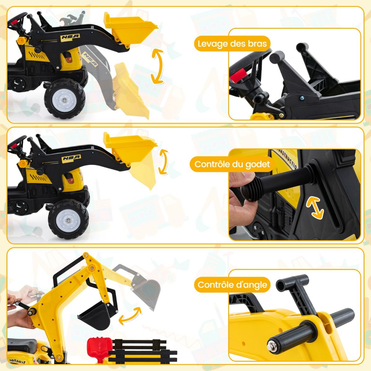 3 en 1 Tracteur pour Enfant avec 6 Roues Jouet Pelle Remorque Amovible avec Volant Klaxon 3 6 Ans Jaune/Vert -