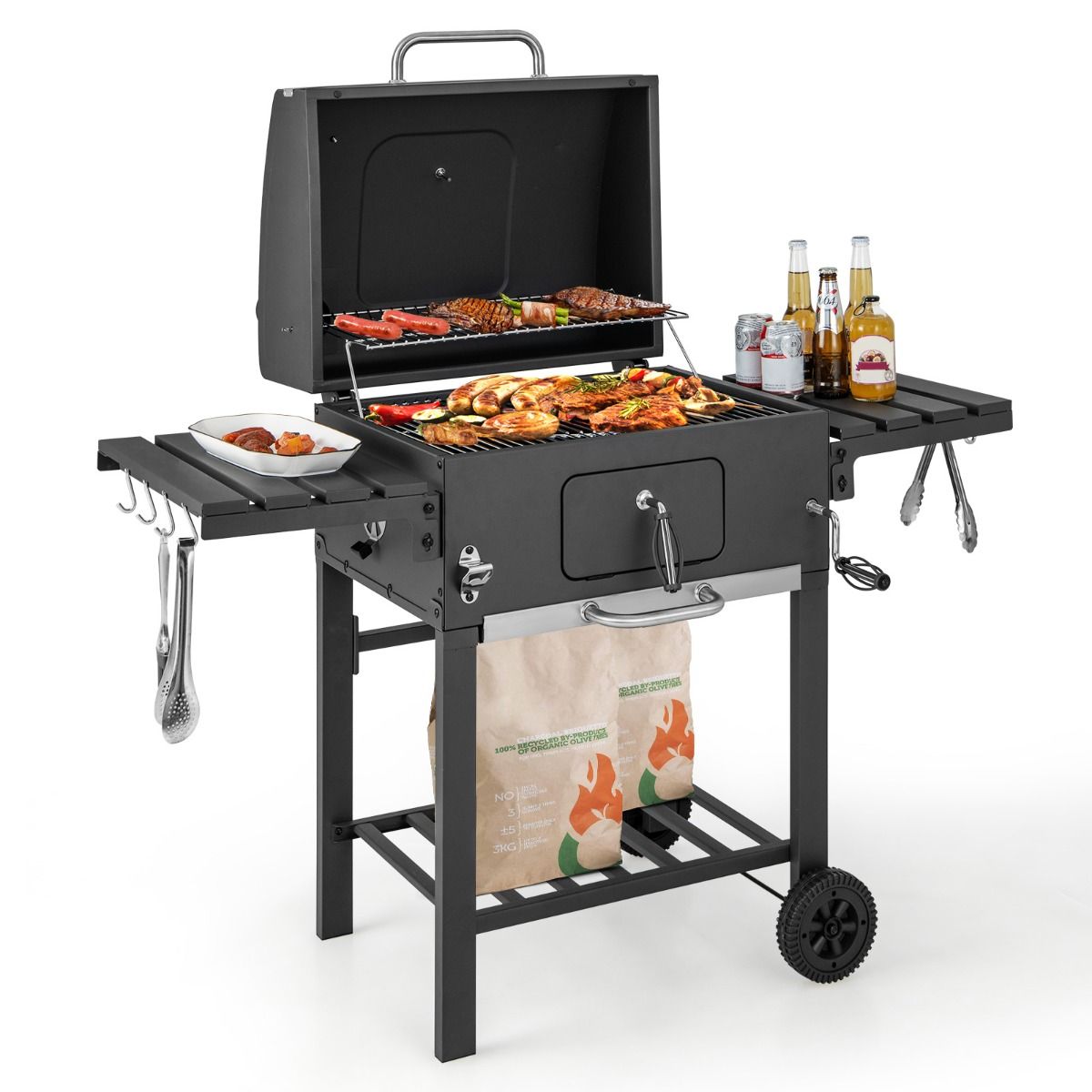 Barbecue Charbon de Bois Portable avec 2 Tables d'Appoint Noir -