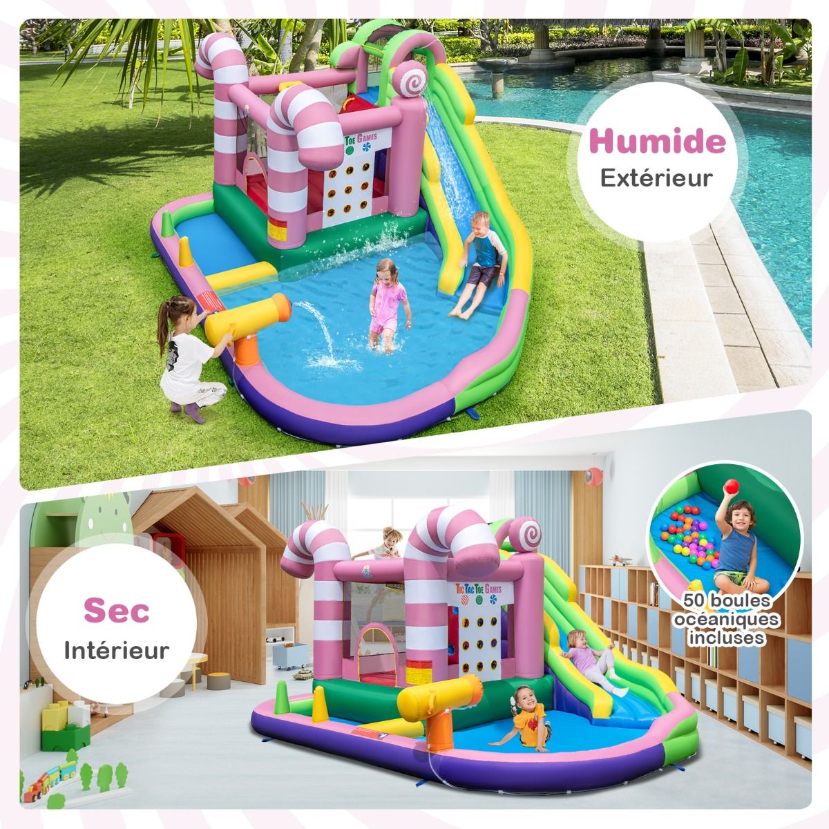 9 en 1 Ch芒teau Gonflable en Forme Bonbons avec Toboggan Maison de Saut Gonflable avec Pistolet Eau Charge 90kg pour 2 Enfants de 3-10 Ans -