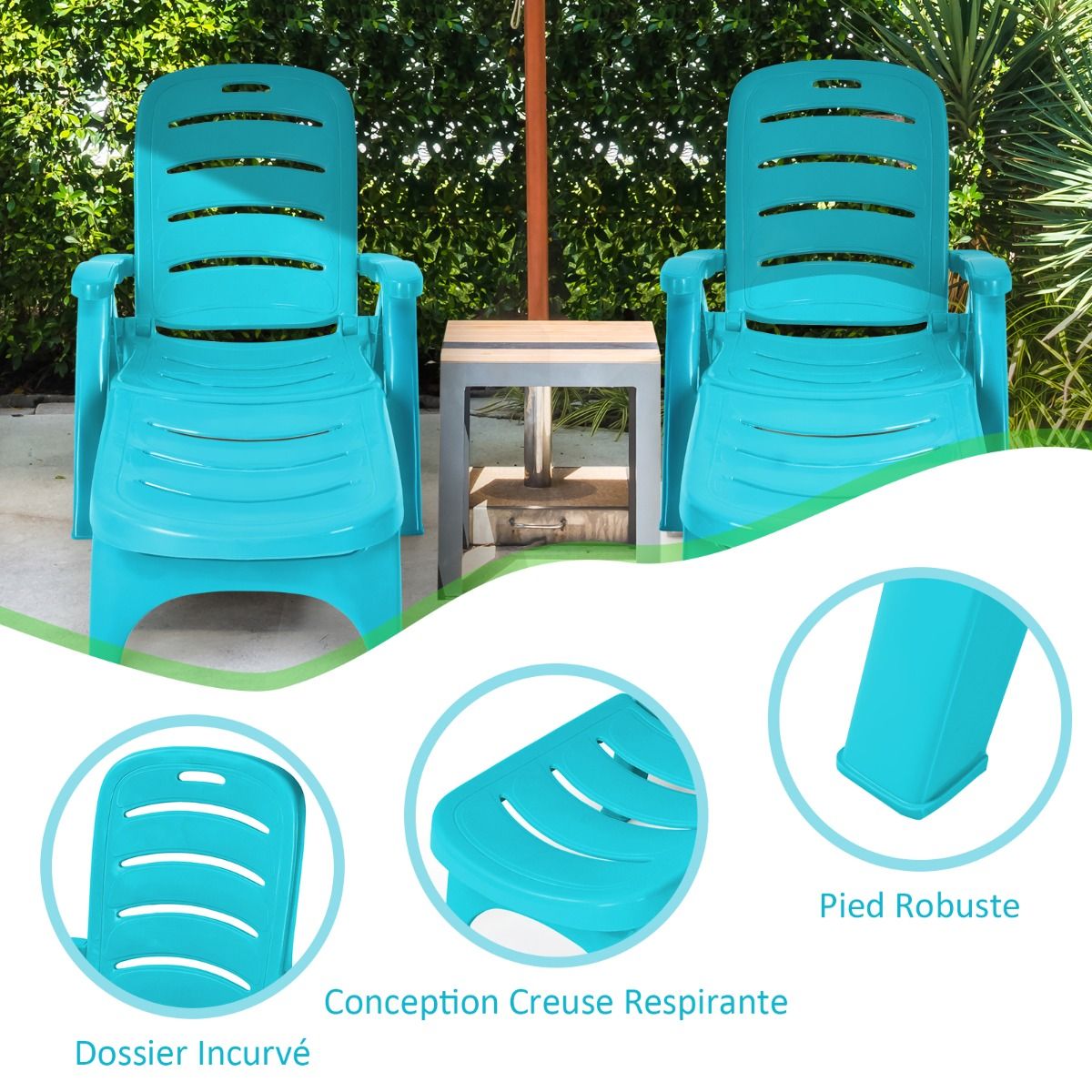 Chaise Longue Pliable Dossier Inclinable 5 Positions avec Roues Intgres pour Terrasse Jardin Piscine 150 kg Gris/Blanc/Bleu -