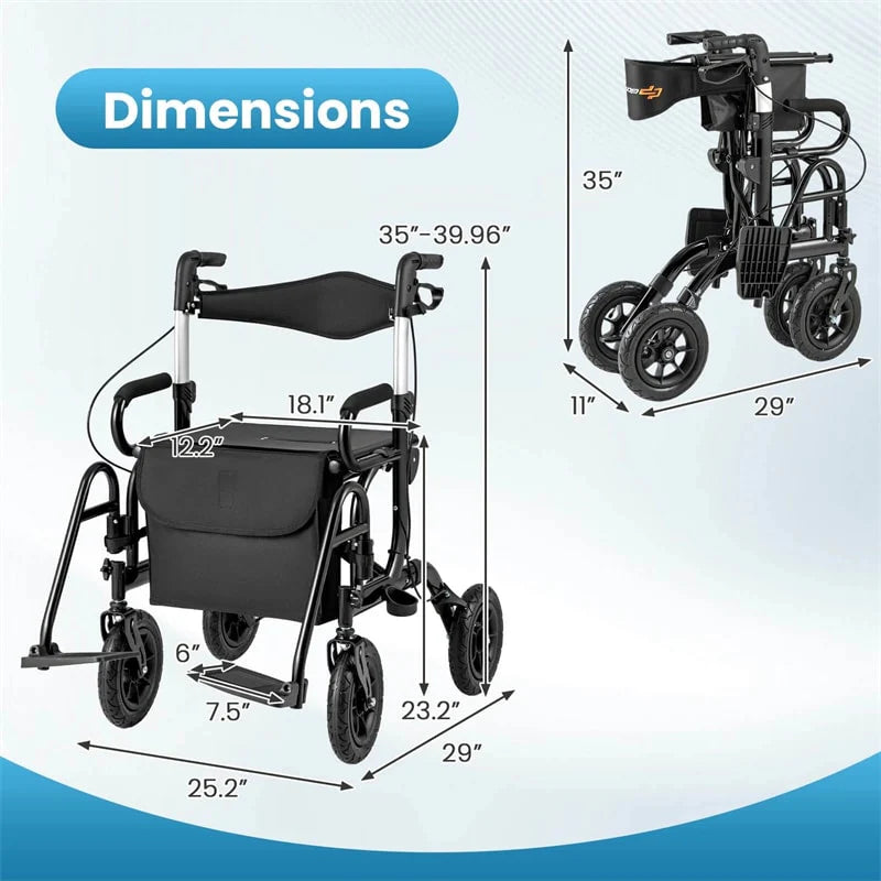 2-in-1 Folding Rollator Walker with Seat, Armrests & 9" All-Terrain Pneumatic Tires, Rolling Walker Wheelchair Combo for Seniors 300LB Capacity