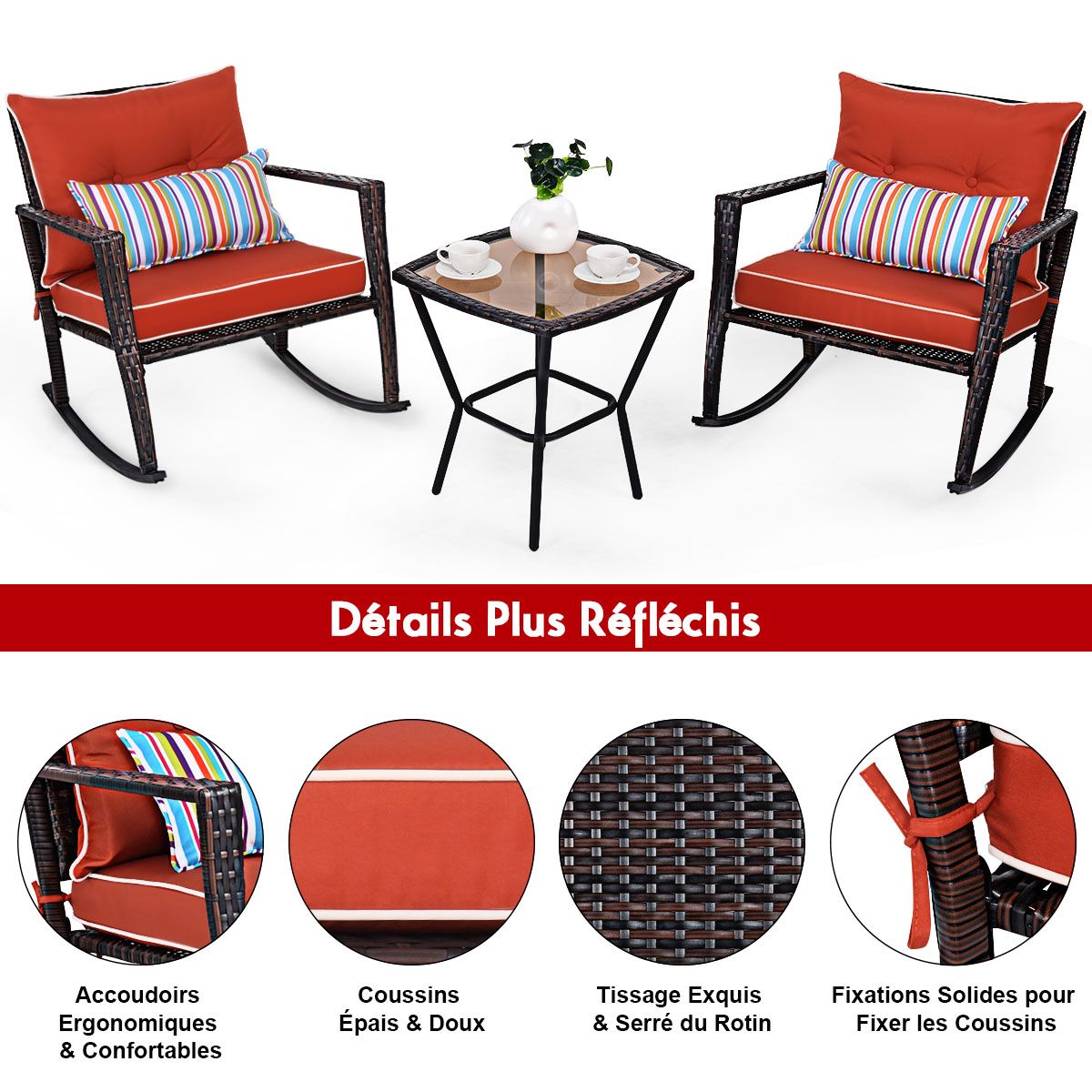 Ensemble de Jardin avec 2 Fauteuils Bascule et 1 Table Basse en Verre Tremp Tous Coussins Inclus en Rotin PE -