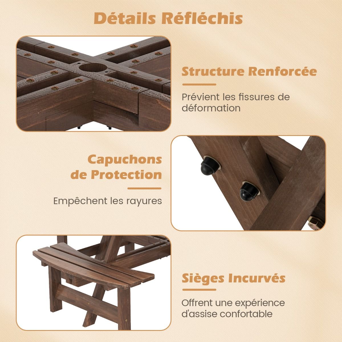 Ensemble Table de Pique-Nique en Bois pour 2 8 Personnes Set Table et Banc Circulaire avec 4 Bancs Intgrs Trou de Parasol de 5cm Marron/Jaune -