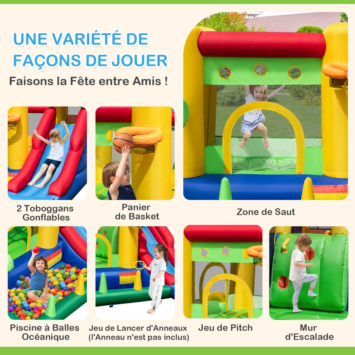 Ch芒teau Gonflable Thme Arc-en-ciel 7 en 1 avec Ventilateur Double Toboggans Piscine Balles Panier de Basket Charge 90kg -