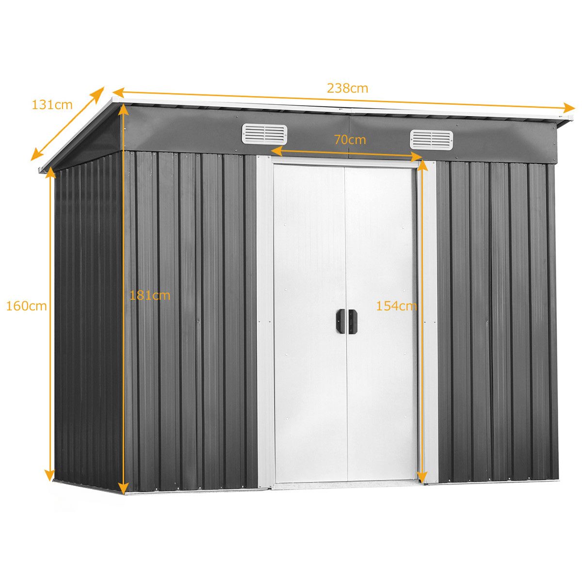 Abri de Jardin l'Extrieur en Acier Galvanis avec 2 Portes,4 Bouches d'Aration pour Stocker Outils 238 x 131 x 181CM Gris+Blanc -