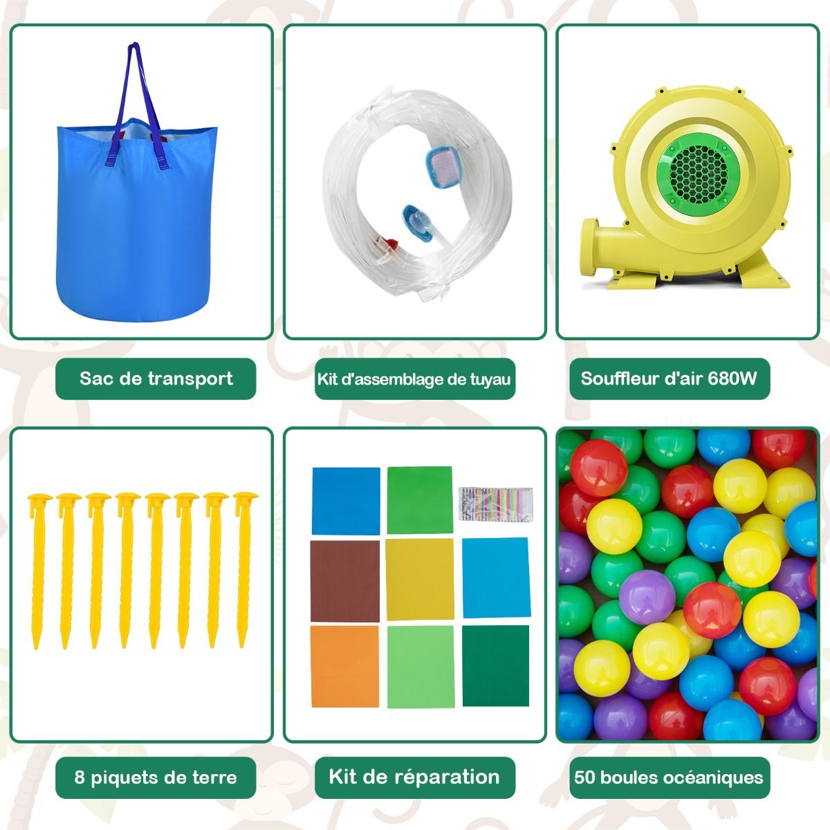 7 en 1 Ch芒teau Gonflable Tropical Thme Singe & Palmier avec Toboggan Aquatique avec Piscine & 50 Boules Charge 90kg pour 2 Enfants de 3-10 Ans -
