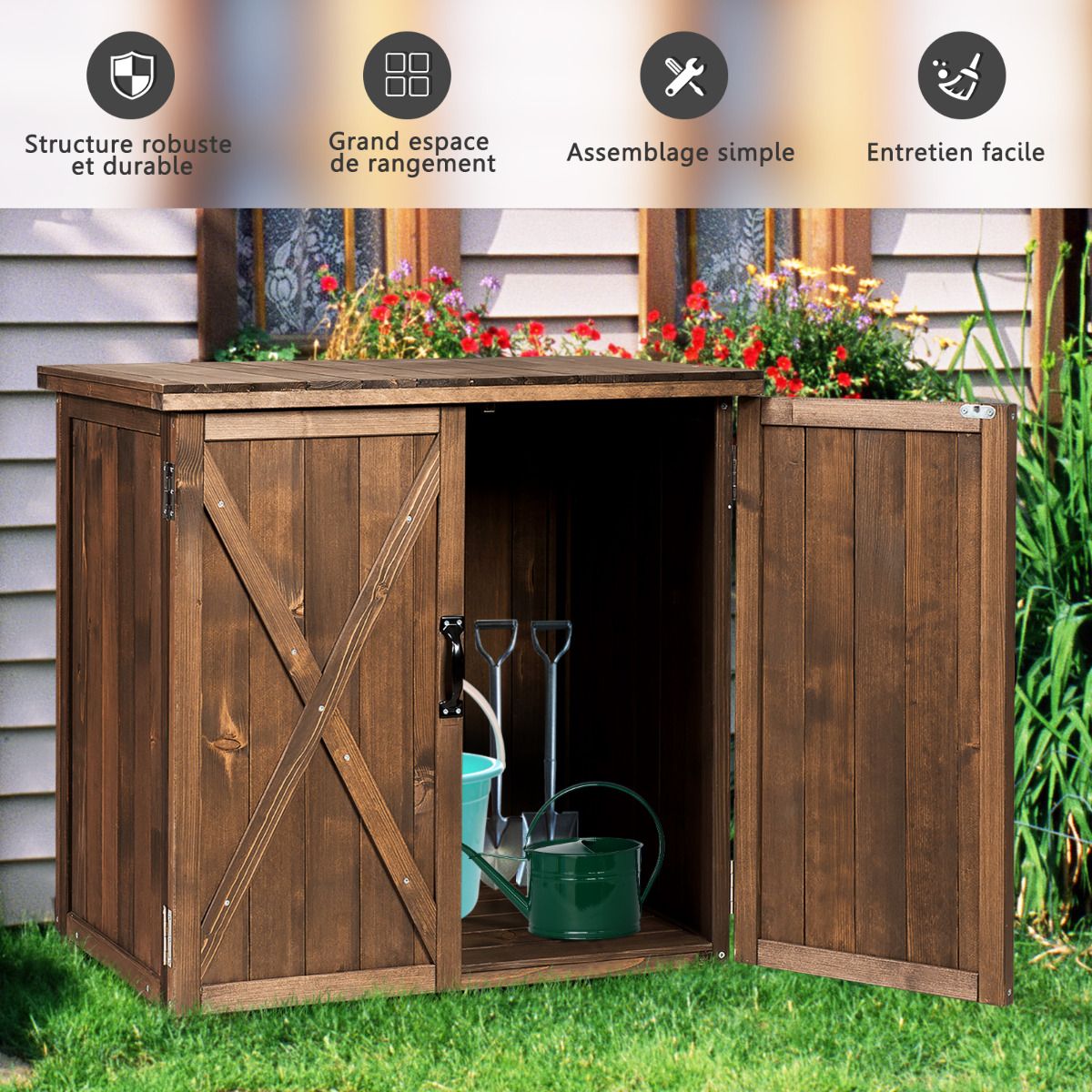 Armoire de Jardin Exterieur en Bois 77,5 x 56 x 72 cm Abri Outils avec Double Portes Marron -