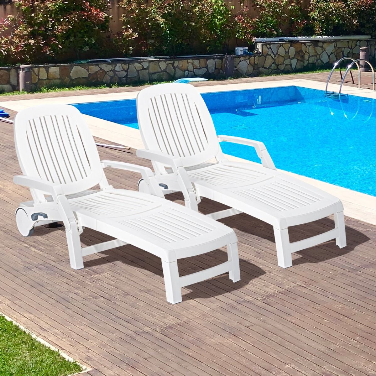 Chaise Longue Inclinable Rglable 5 Positions avec Roues Flexibles Fauteuil Relax de Camping avec Bo卯te de Rangement Charge 150KG Blanc -