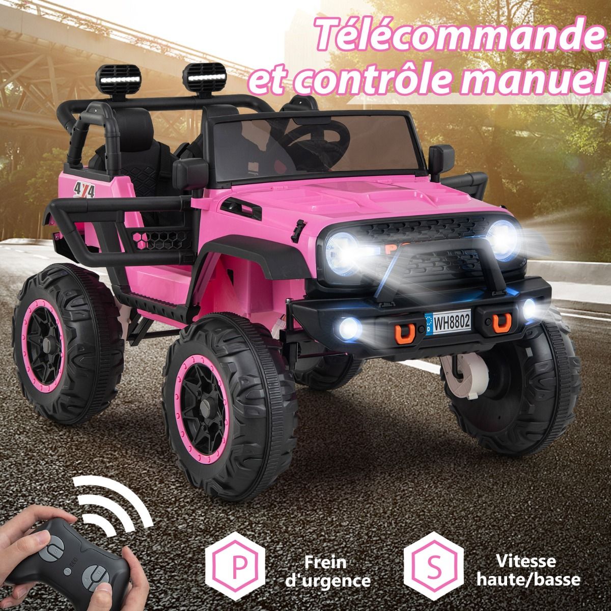 Voiture lectrique 24v pour Enfants 2 Places Tlcommande Musique Histoire Klaxon Usb Fonction de Dmarrage Lent Suspensions Ressort Blanc/Noir/Rose/Violet -