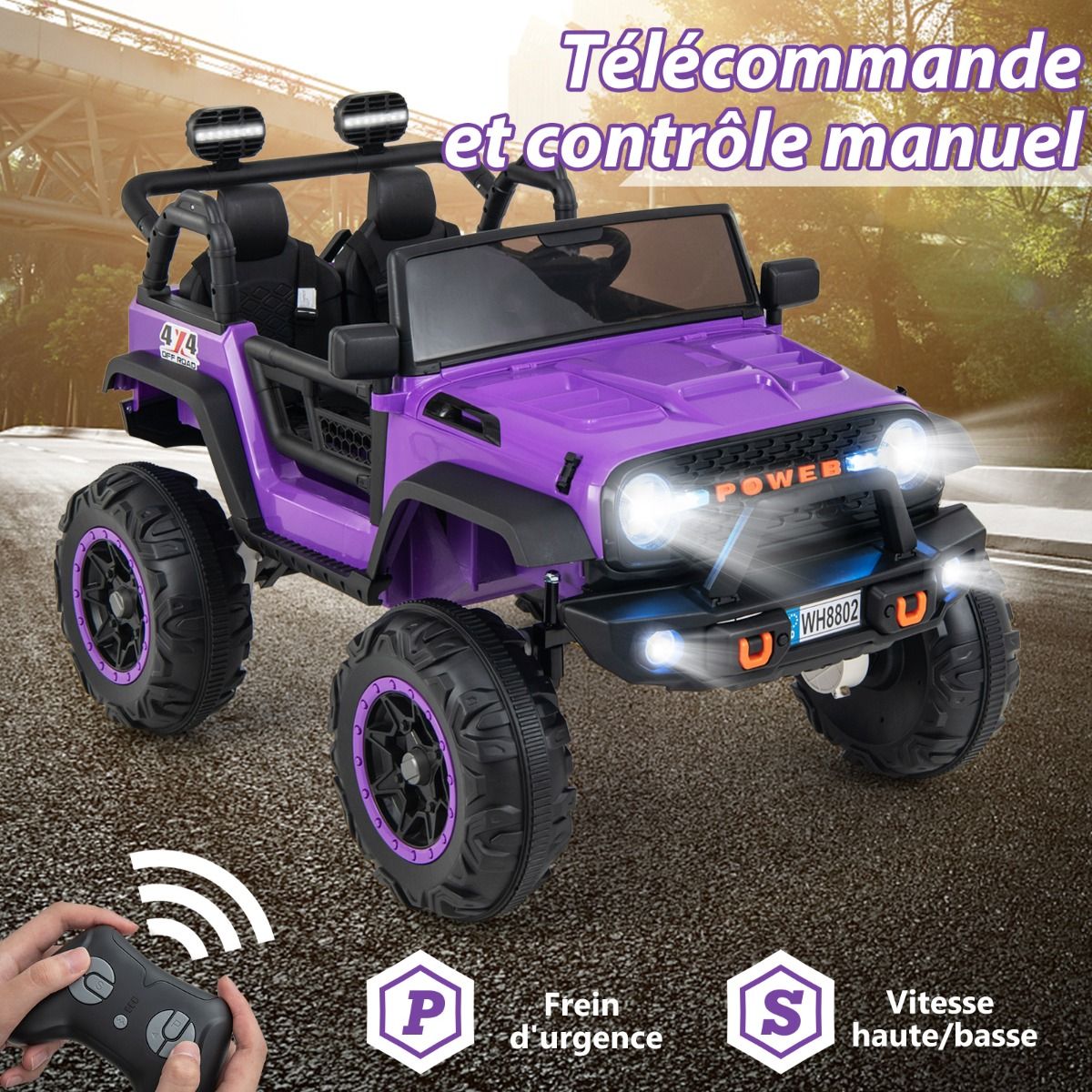 Voiture lectrique 24v pour Enfants 2 Places Tlcommande Musique Histoire Klaxon Usb Fonction de Dmarrage Lent Suspensions Ressort Blanc/Noir/Rose/Violet -