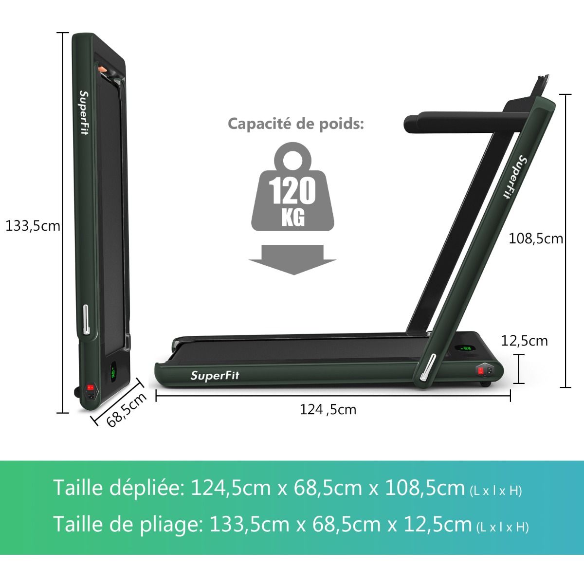 2 en 1 Tapis de Course Electrique Pliable 1 12 Km/H avec Haut-parleur Bluetooth Tlcommande Moteur 0,75HP Vert/Blanc/Noir/Rouge/Or/Noir et Argent/Bleu -