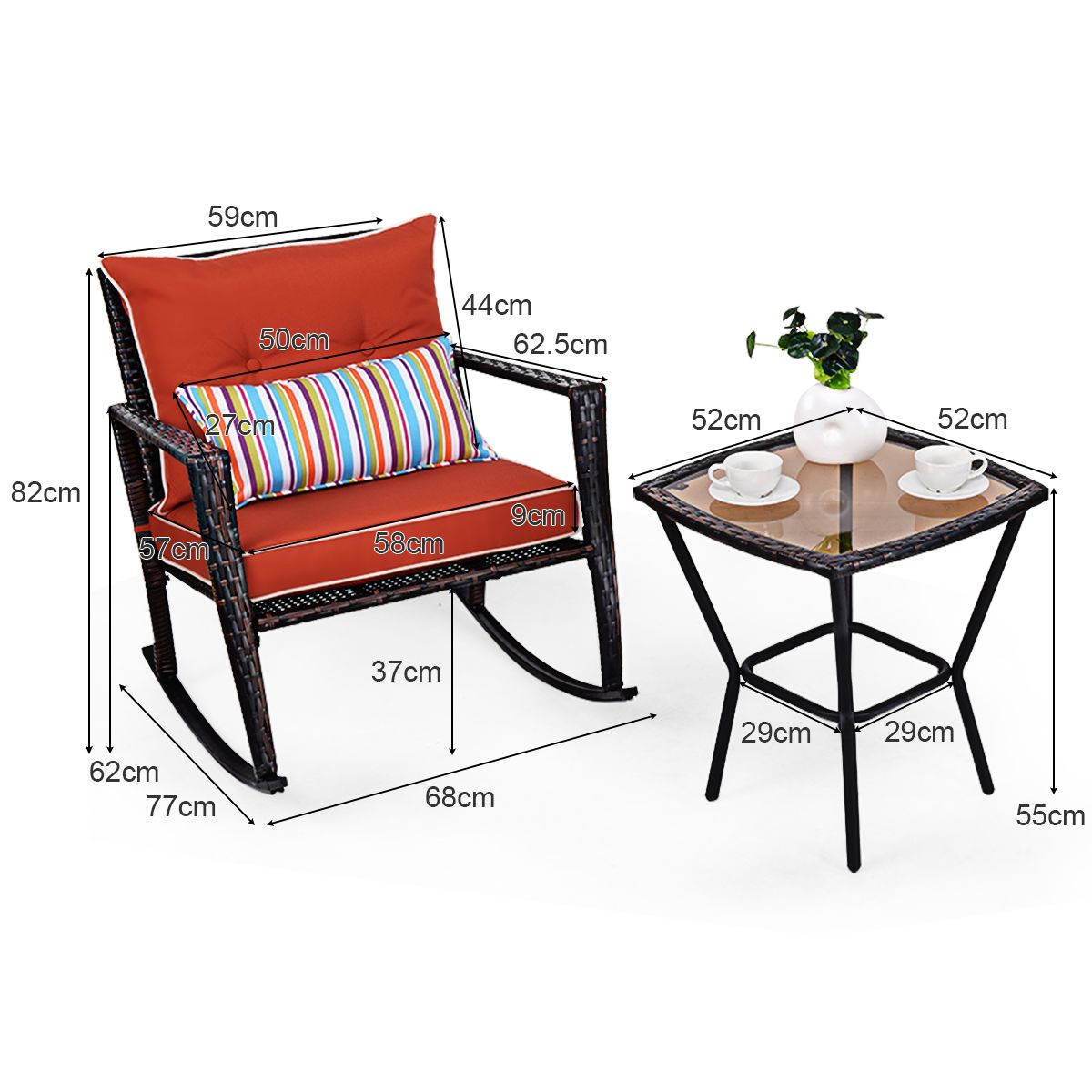 Ensemble de Jardin avec 2 Fauteuils Bascule et 1 Table Basse en Verre Tremp Tous Coussins Inclus en Rotin PE -