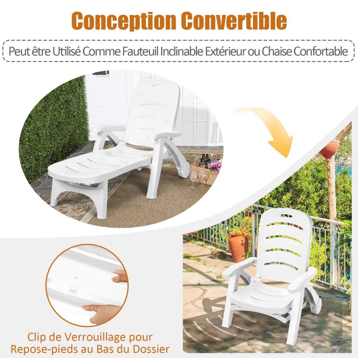 Chaise Longue Pliable Dossier Inclinable 5 Positions avec Roues Intgres pour Terrasse Jardin Piscine 150 kg Gris/Blanc/Bleu -