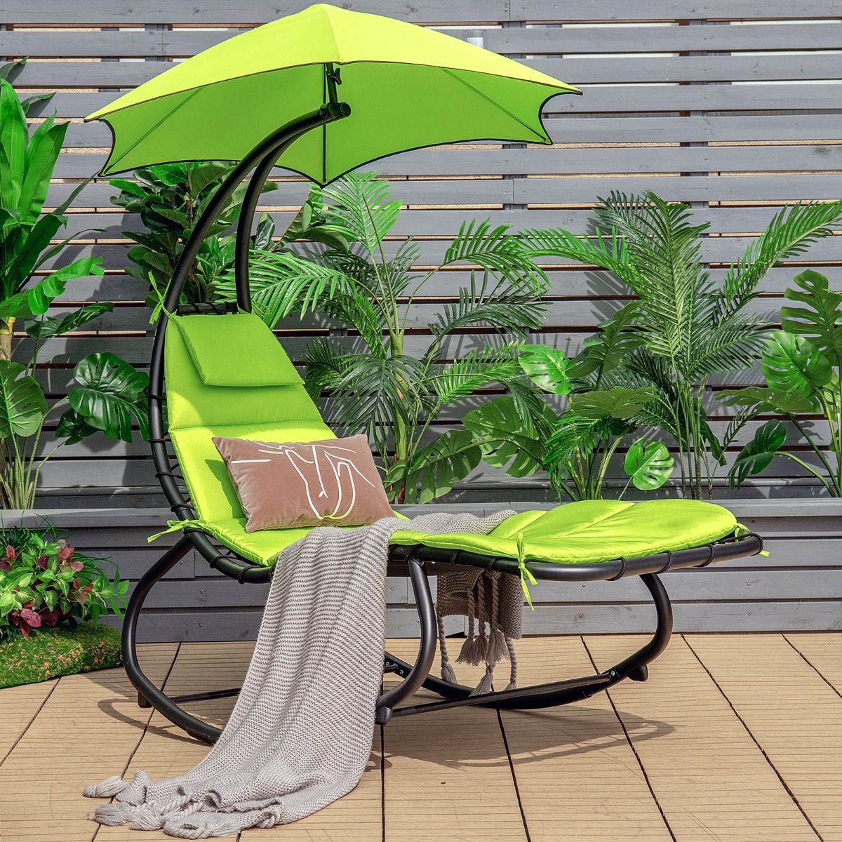 Bain de Soleil Bascule Transat Suspendu avec Pare-Soleil & Coussin Hamac Charge 150KG 184 cm x 147 cm x 187 cm Vert -