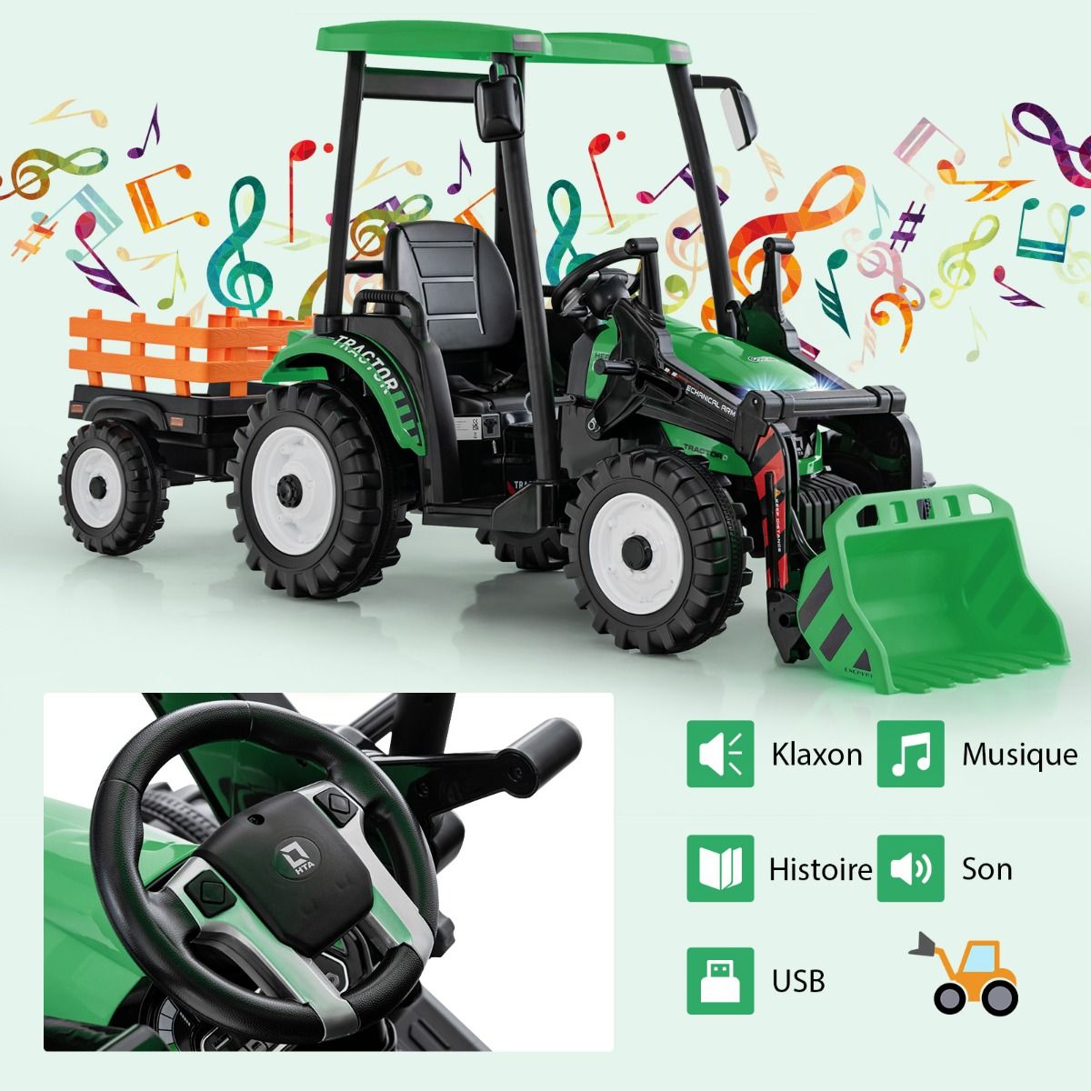 12V Tracteur lectrique Enfants avec Pelle&Remorque Amovible Vhicule lectrique 6 Roues avec Tlcommande & Musique 3-6 km/h pour 3-8 Ans Jaune/Vert -