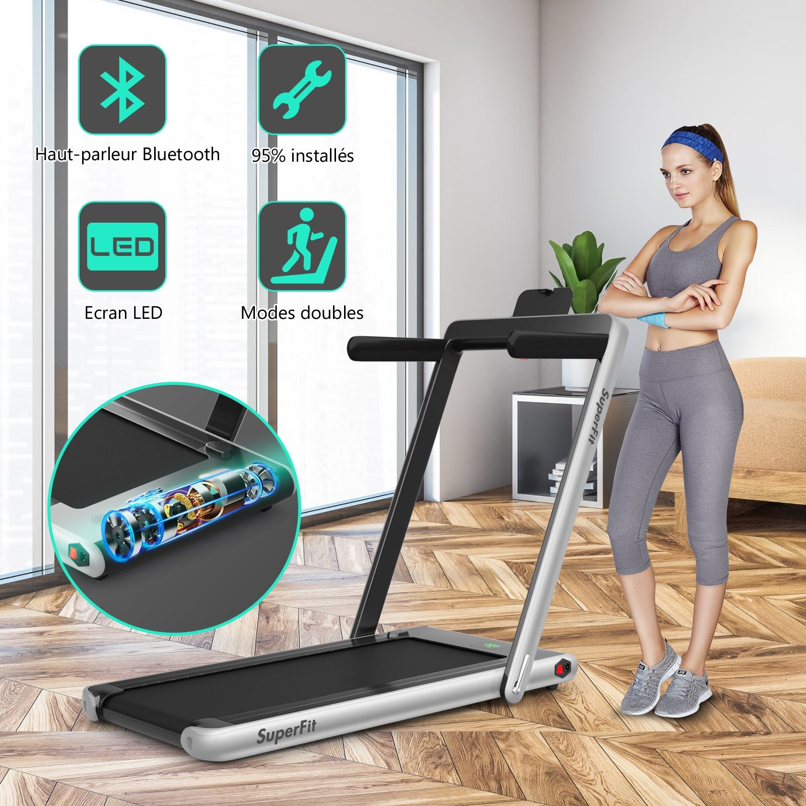 2 en 1 Tapis de Course Electrique Pliable 1 12 Km/H avec Haut-parleur Bluetooth Tlcommande Moteur 0,75HP Vert/Blanc/Noir/Rouge/Or/Noir et Argent/Bleu -