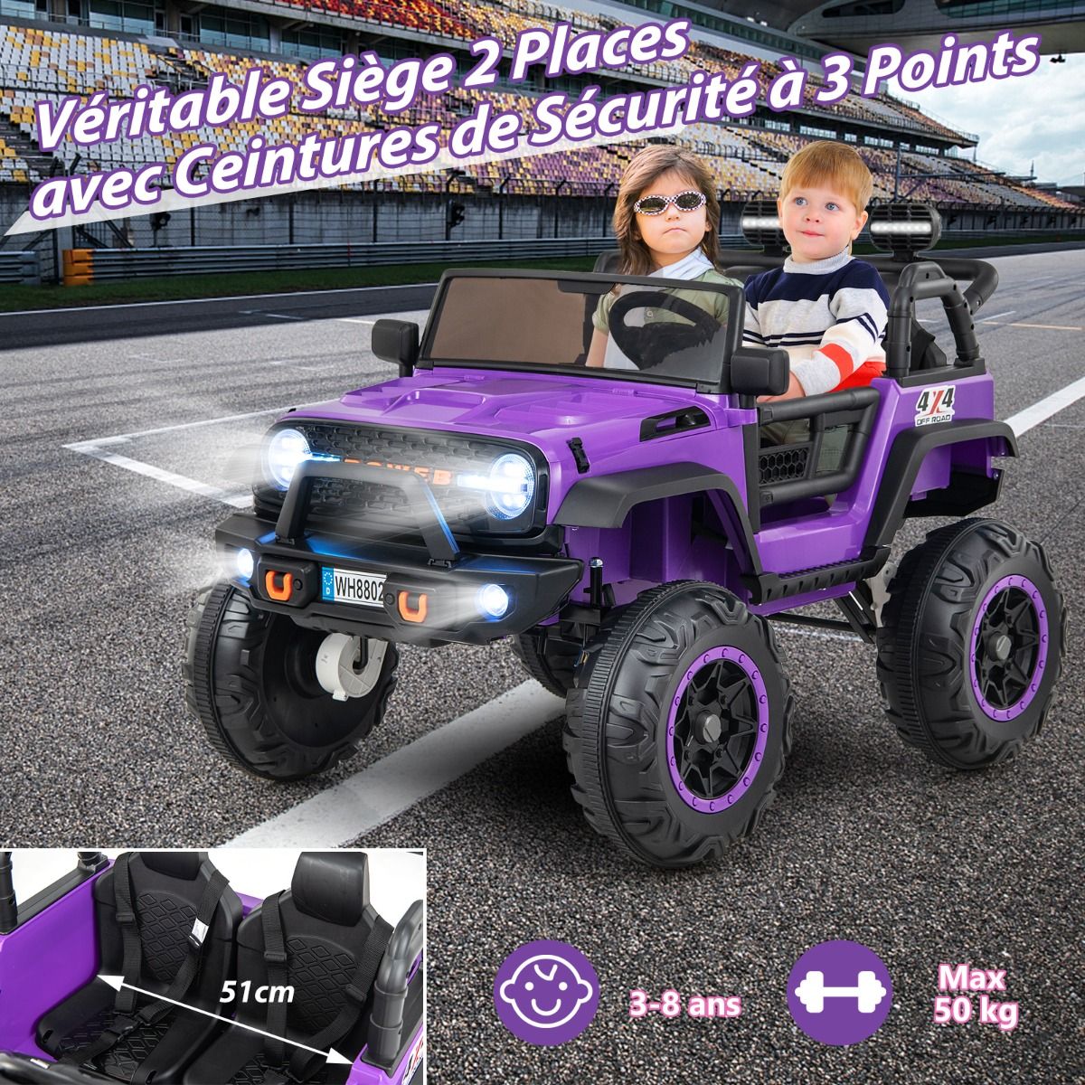 Voiture lectrique 24v pour Enfants 2 Places Tlcommande Musique Histoire Klaxon Usb Fonction de Dmarrage Lent Suspensions Ressort Blanc/Noir/Rose/Violet -