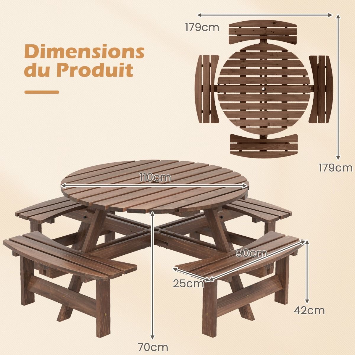 Ensemble Table de Pique-Nique en Bois pour 2 8 Personnes Set Table et Banc Circulaire avec 4 Bancs Intgrs Trou de Parasol de 5cm Marron/Jaune -