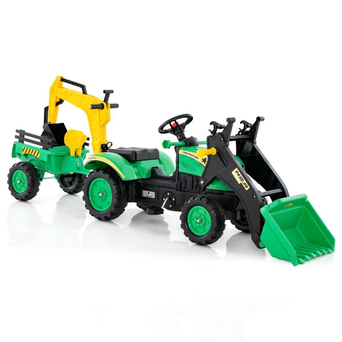 3 en 1 Tracteur pour Enfant avec 6 Roues Jouet Pelle Remorque Amovible avec Volant Klaxon 3 6 Ans Jaune/Vert -