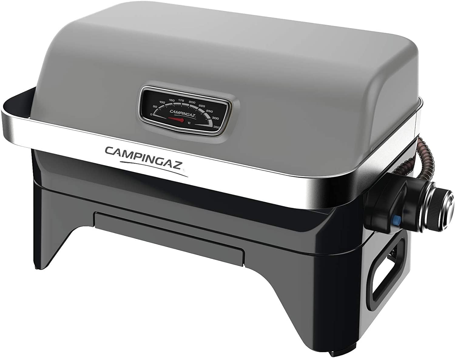 Attitude2go,Barbecue de Table Faible fume,BBQ Portable, Couvercle,thermomtre,et Grille en Fonte,Alimentation : Cartouche de gaz CV 470 Plus,Gris