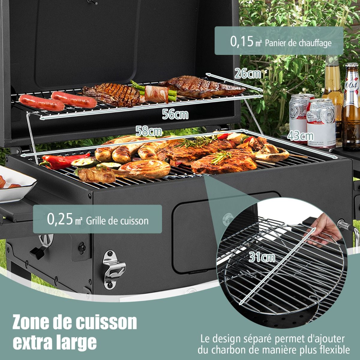 Barbecue Charbon de Bois Portable avec 2 Tables d'Appoint Noir -