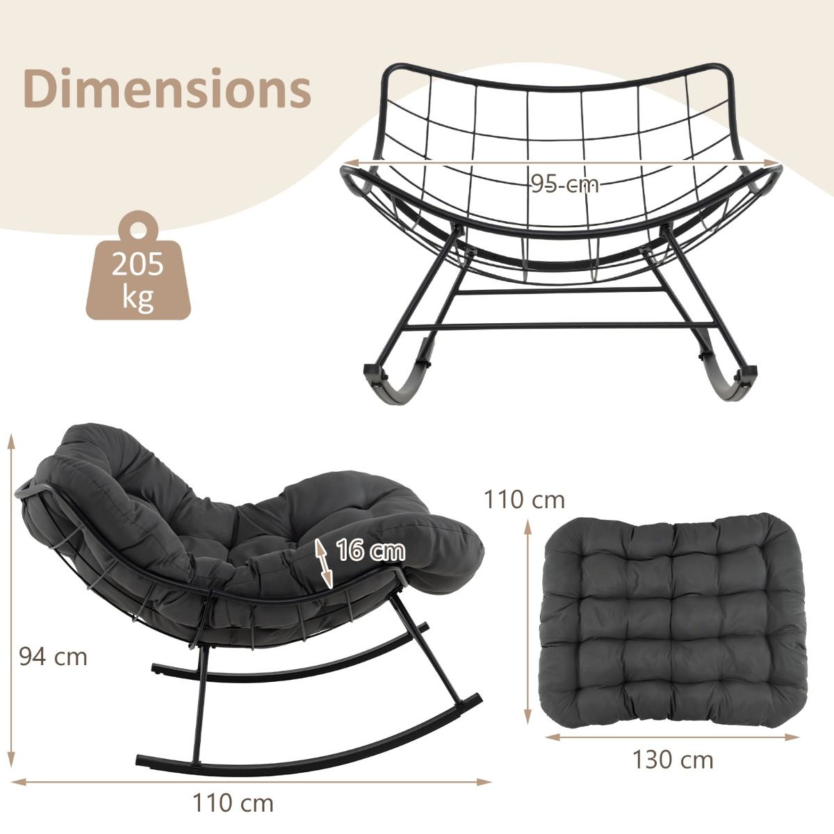 Chaise Bascule d'Intrieur et d'Extrieur Chaise Papasan Surdimensionne avec Coussin Rembourr & Cadre en Mtal Capacit 205 Kg Gris -