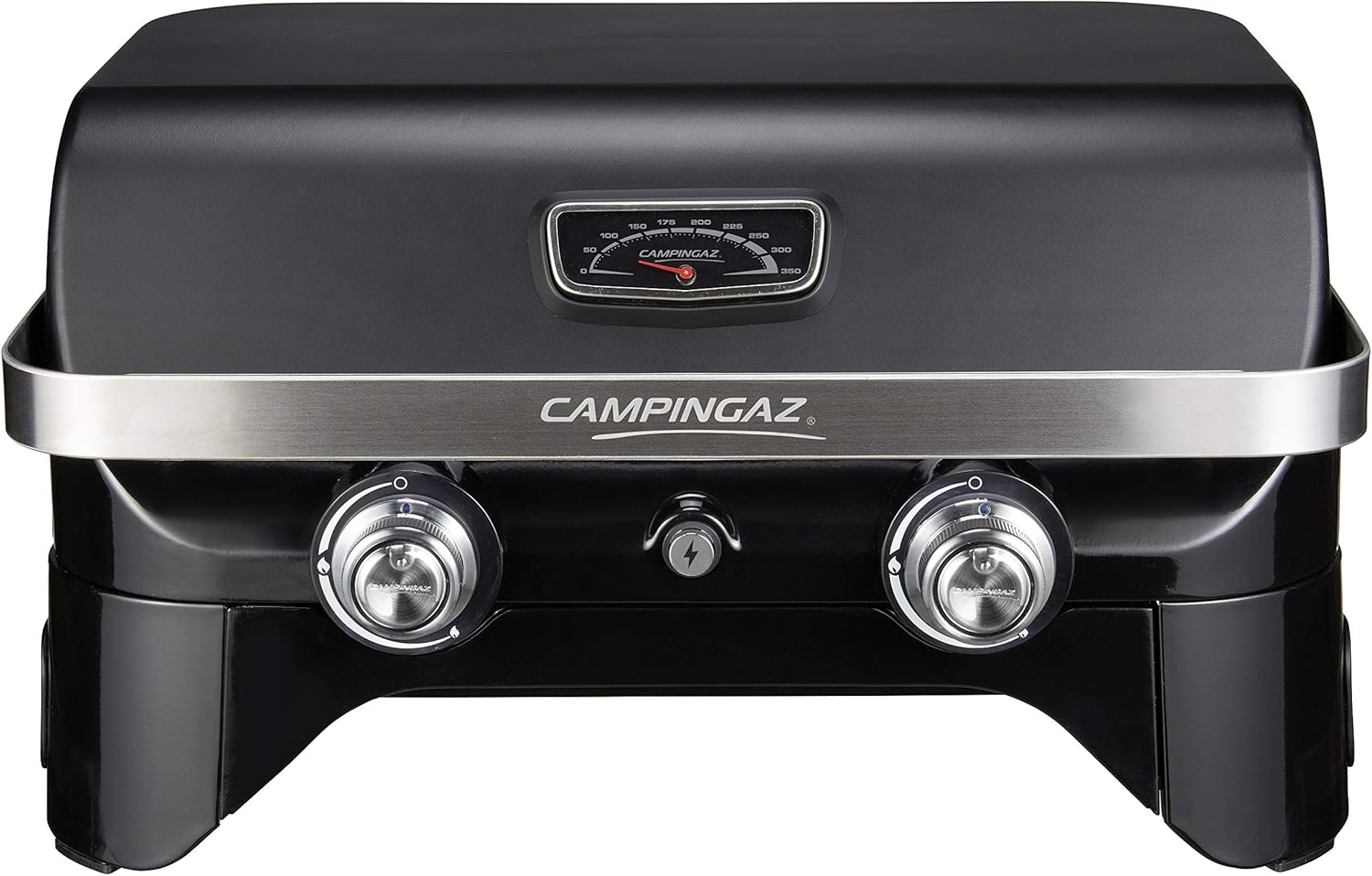 Attitude2go,Barbecue de Table Faible fume,BBQ Portable, Couvercle,thermomtre,et Grille en Fonte,Alimentation : Cartouche de gaz CV 470 Plus,Gris
