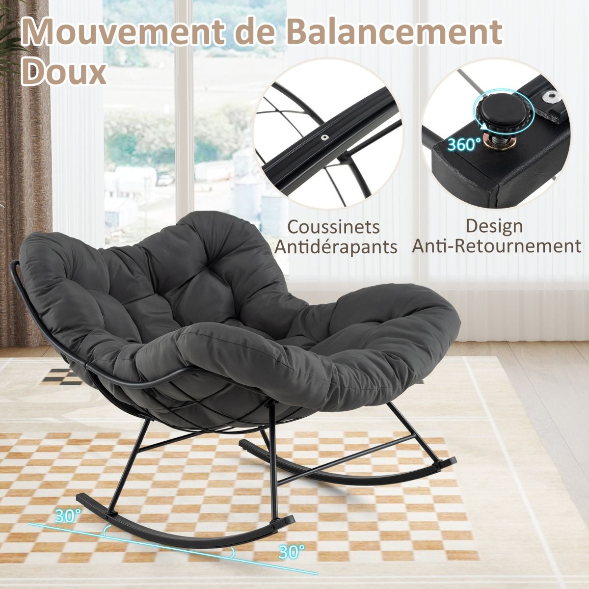 Chaise Bascule d'Intrieur et d'Extrieur Chaise Papasan Surdimensionne avec Coussin Rembourr & Cadre en Mtal Capacit 205 Kg Gris -