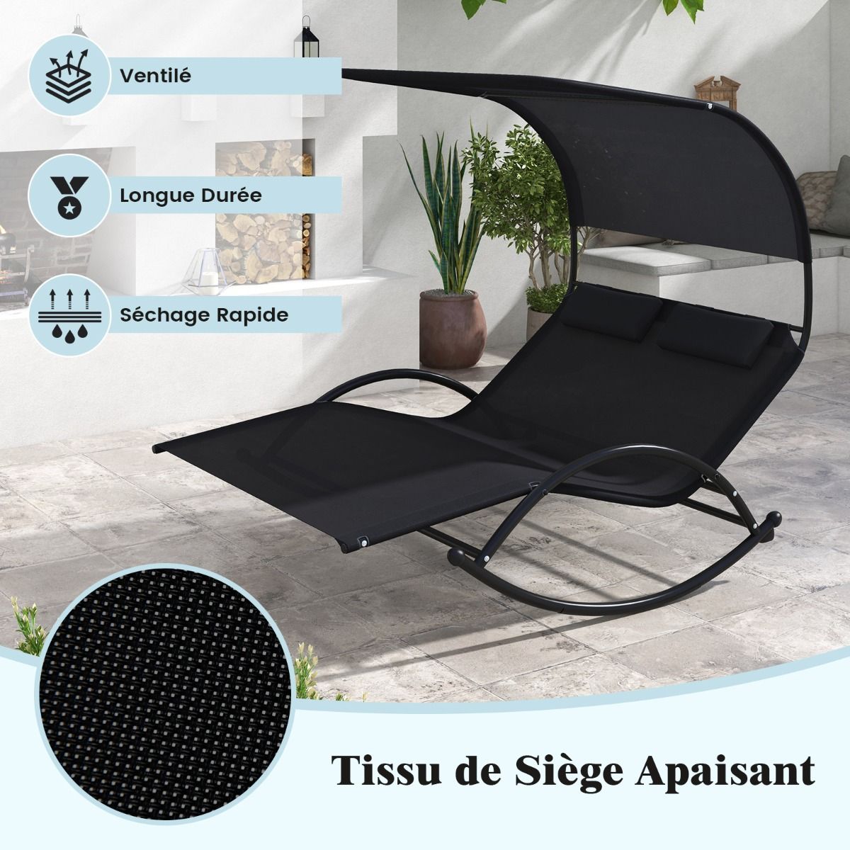 Chaise Longue Double Chaise Bascule pour 2 Personnes 2 Appui-T锚tes Amovibles Cadre en Mtal Robuste Lit de Repos Ergonomique 2 Places Gris/Noir/Beige -