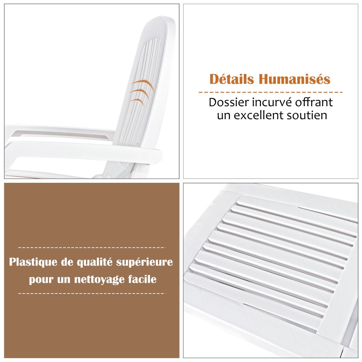 Chaise Longue Inclinable Rglable 5 Positions avec Roues Flexibles Fauteuil Relax de Camping avec Bo卯te de Rangement Charge 150KG Blanc -