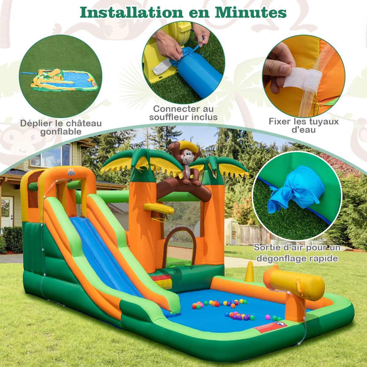 7 en 1 Ch芒teau Gonflable Tropical Thme Singe & Palmier avec Toboggan Aquatique avec Piscine & 50 Boules Charge 90kg pour 2 Enfants de 3-10 Ans -