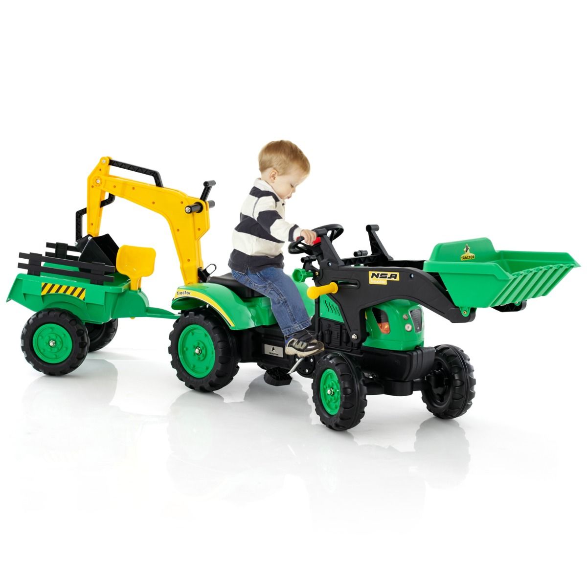 3 en 1 Tracteur pour Enfant avec 6 Roues Jouet Pelle Remorque Amovible avec Volant Klaxon 3 6 Ans Jaune/Vert -
